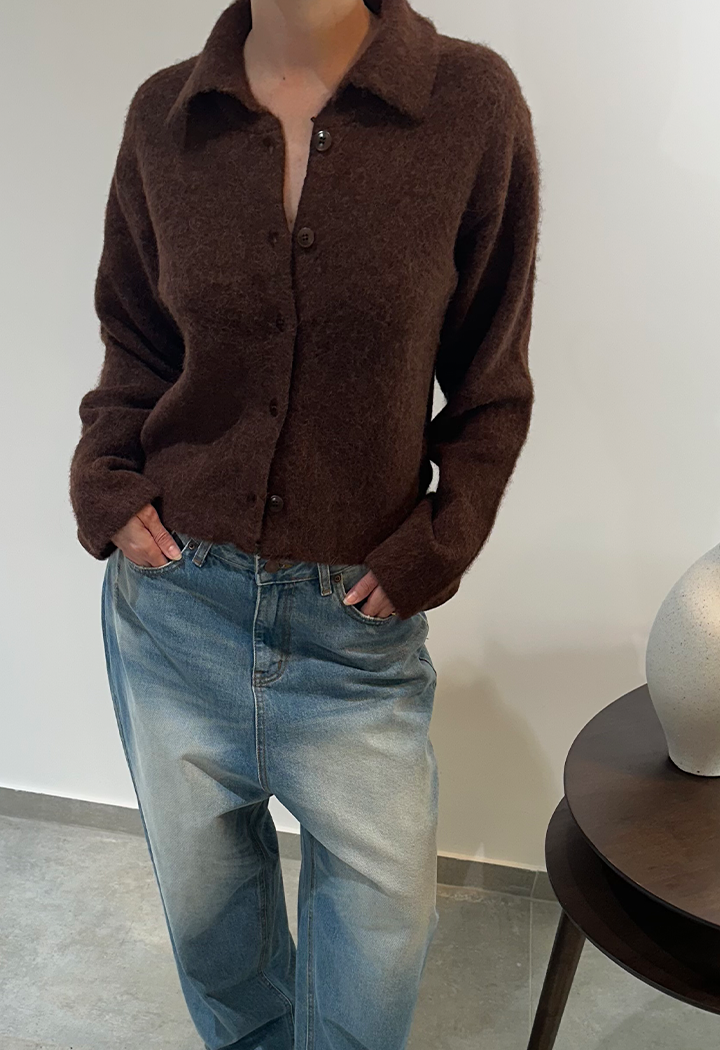Fluffy Cropped Brown cardigan wool blend