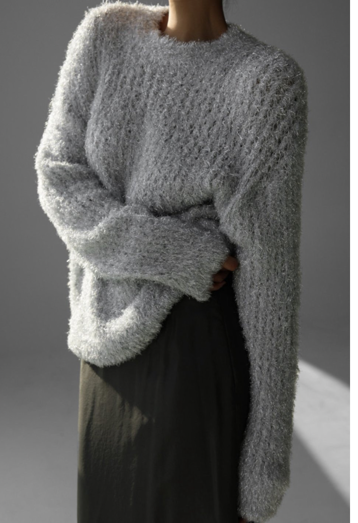 Metallic Silver Oversized Knit Top