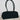 A black fabric duffel-style handbag with two long shoulder straps, displayed hanging from a clear stand in a minimalist indoor setting.