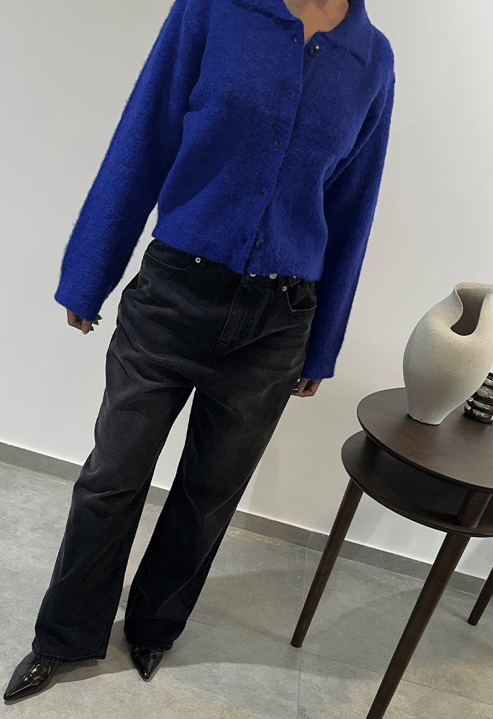 Fluffy Cropped blue cardigan wool blend