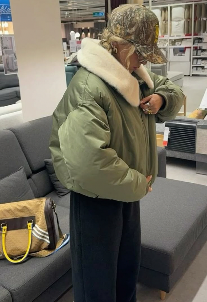 Puffy Oversized Bomber
 Jacket in Deep Olive