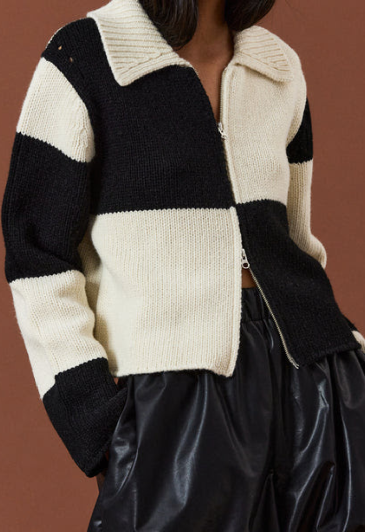 Double Zip Up Knit Cardigan, Ivory & Black