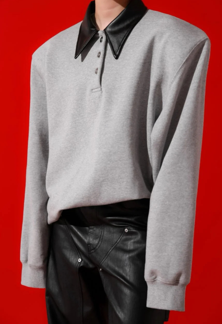 Leather Collar Oversized Sweatshirt