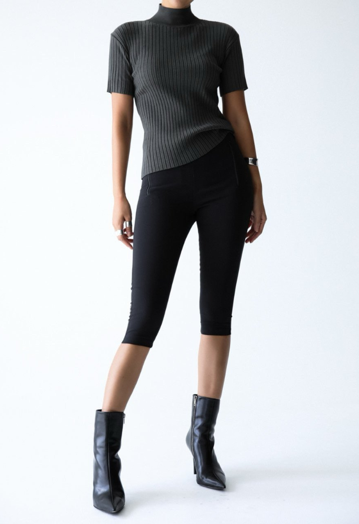 High neck rib top - dark grey