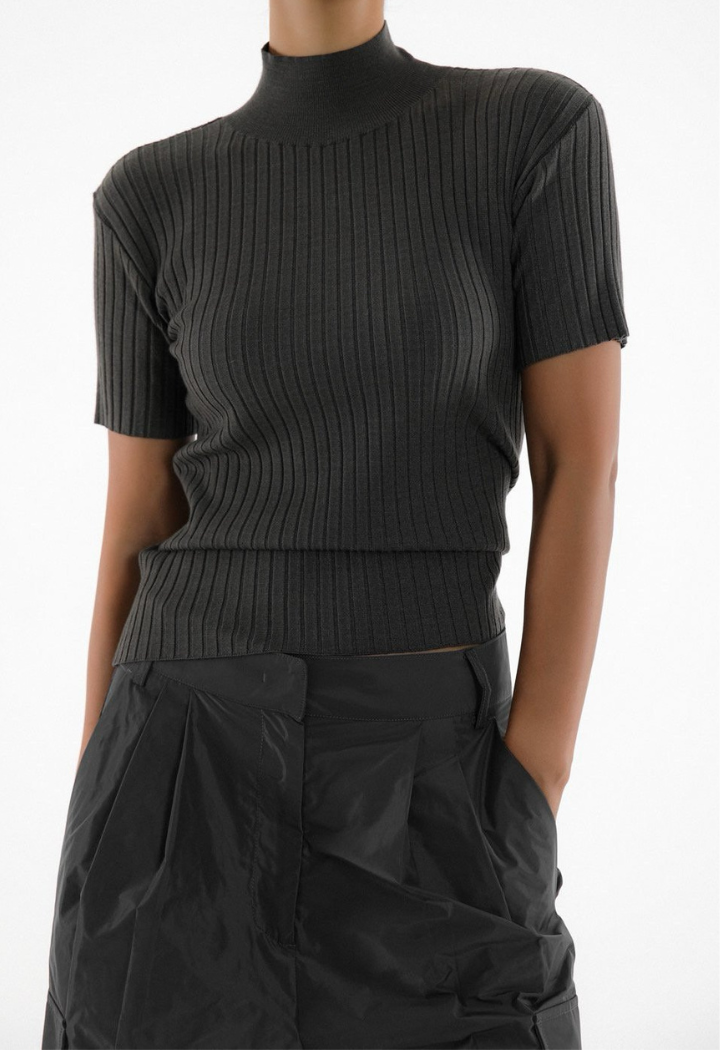 High neck rib top - dark grey