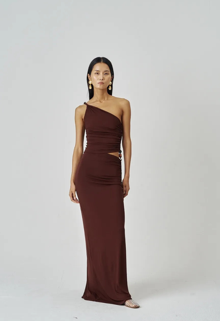 Side Detail Symmetric brown starchy Dress with Ring Accent