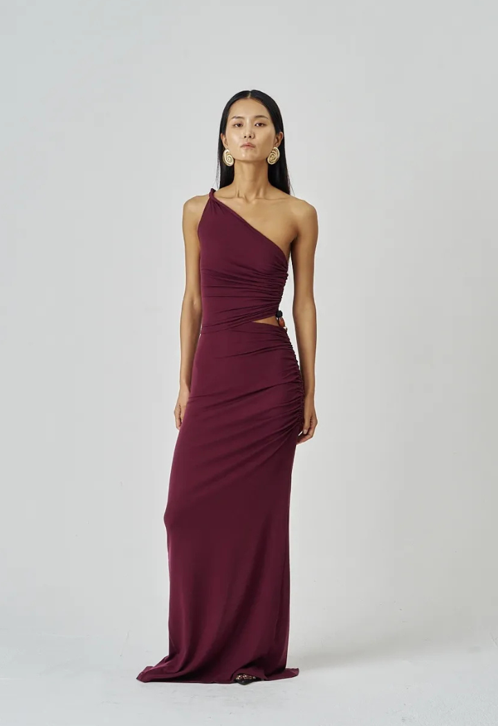 Side Detail Symmetric wine Flexible Flexible stretch Dress with Ring Accent