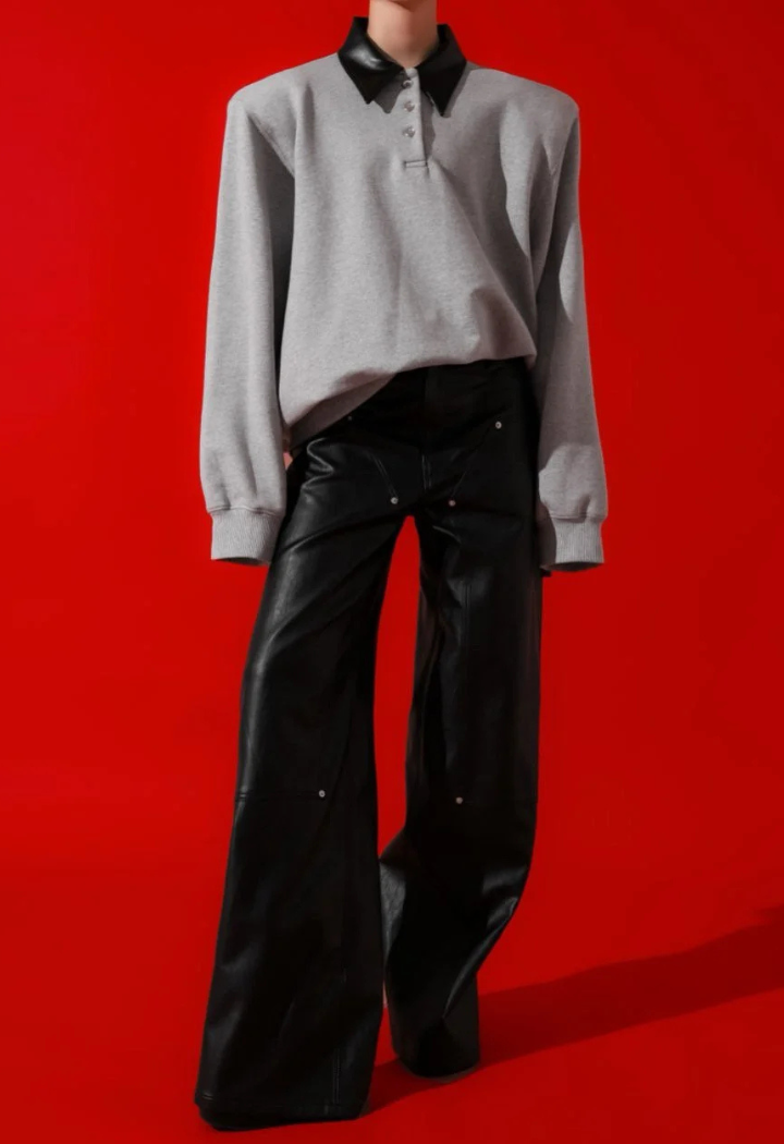 Leather Collar Oversized Sweatshirt