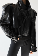 Belted Buckle Chunky Cropped Leather Trench Jacket