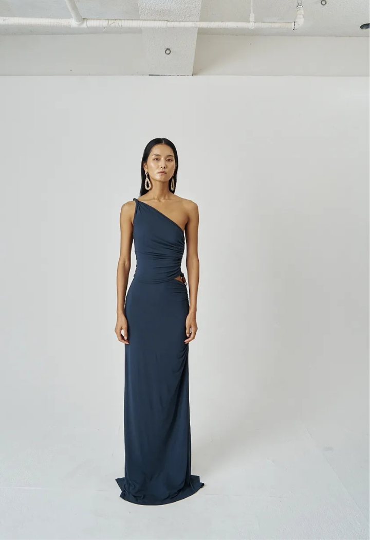 Side Detail Symmetric turquoise navy Flexible stretch Dress with Ring Accent
